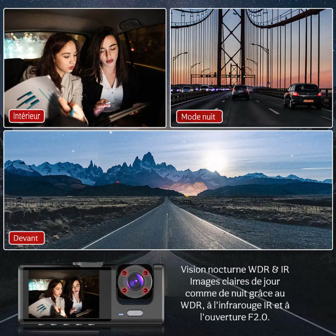 Dashcam Voiture triplecam Full HD caméra tableau de bord  – Vision Nocturne IR, Mode Parking et Enregistrement en Boucle