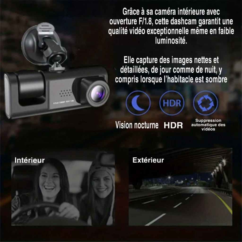 Dashcam Voiture triplecam Full HD caméra tableau de bord  – Vision Nocturne IR, Mode Parking et Enregistrement en Boucle