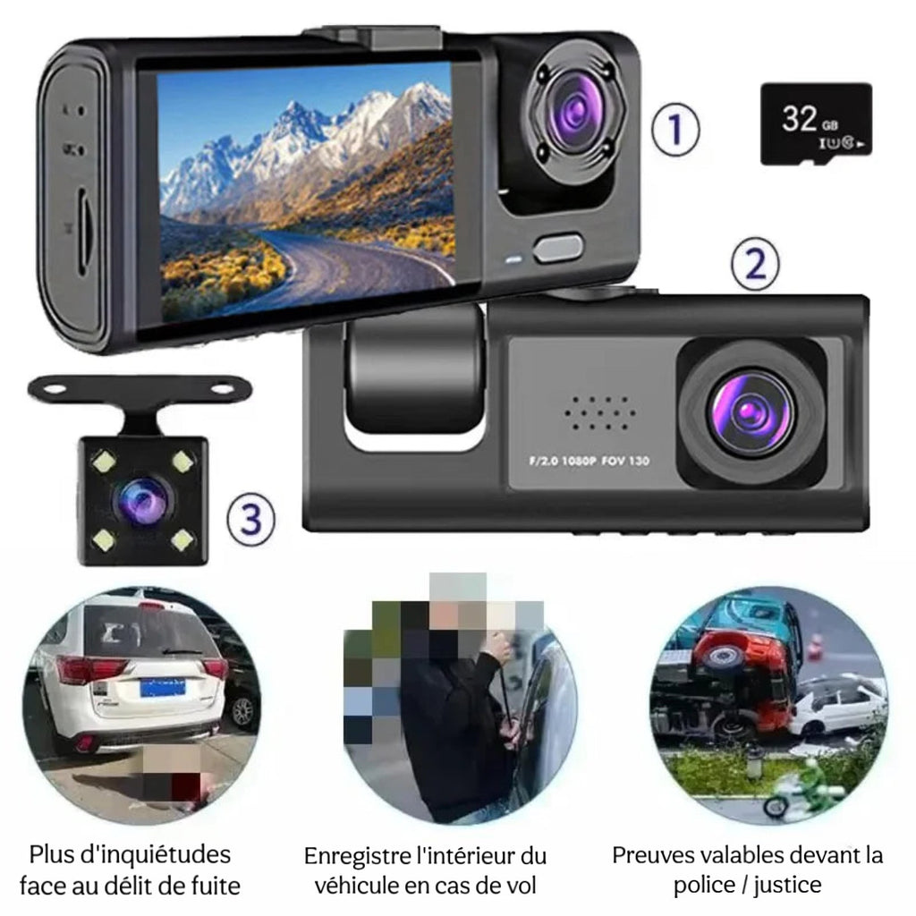 Dashcam Voiture triplecam Full HD caméra tableau de bord  – Vision Nocturne IR, Mode Parking et Enregistrement en Boucle