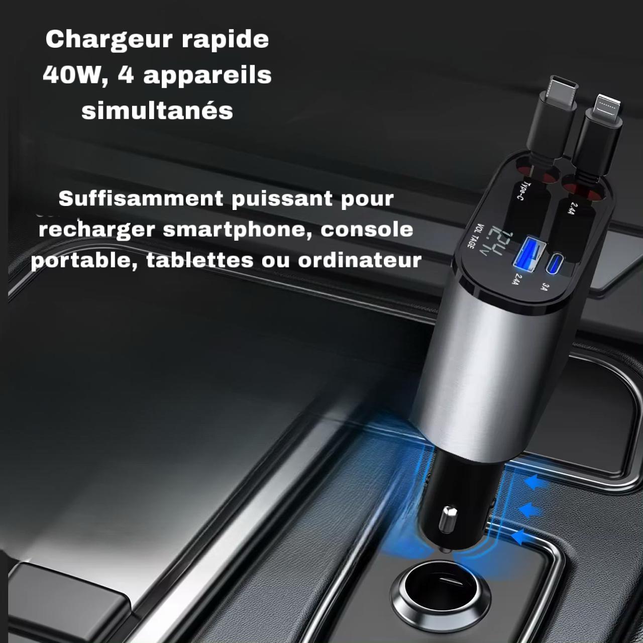 Chargeur rapide USB 40W Voiture 4-en-1 Certifié