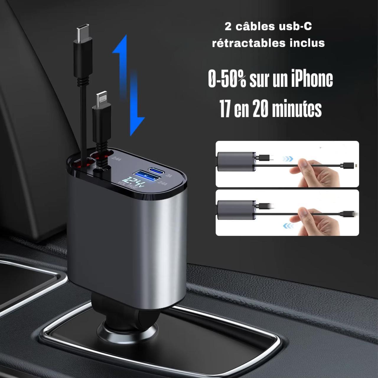 Chargeur rapide USB 40W Voiture 4-en-1 Certifié