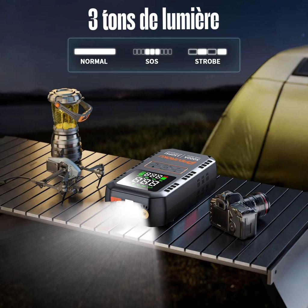 Démarreur de Secours 5000A avec Batterie et Gonfleur 150 PSI – Booster Voiture Multifonction avec Écran LCD et Lampe LED