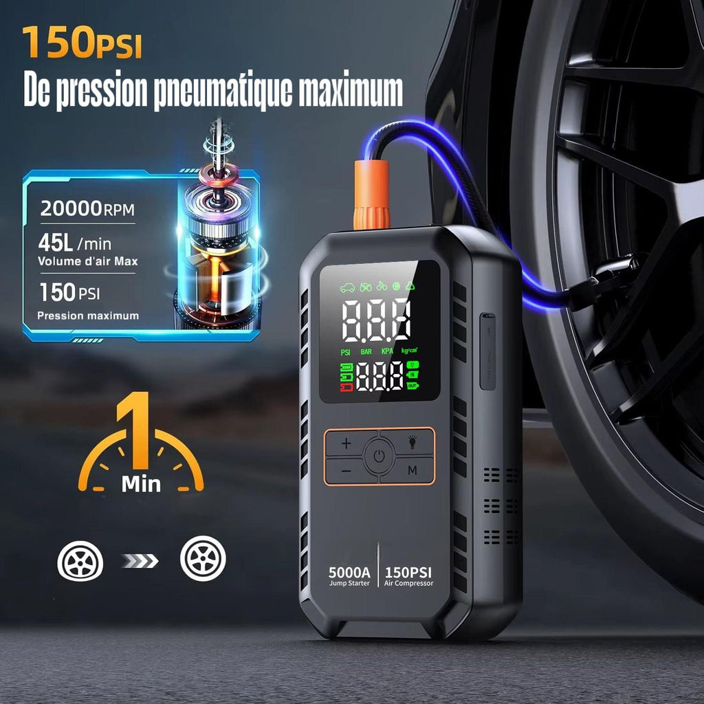 Démarreur de Secours 5000A avec Batterie et Gonfleur 150 PSI – Booster Voiture Multifonction avec Écran LCD et Lampe LED