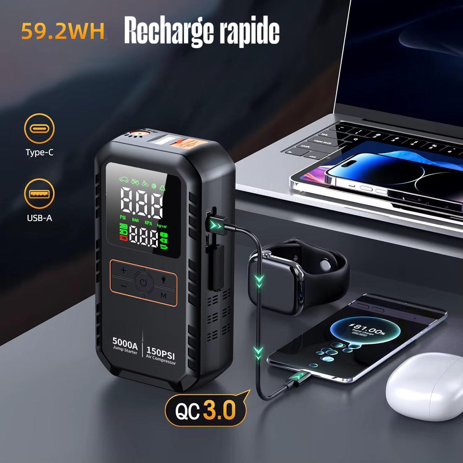 Démarreur de Secours 5000A avec Batterie et Gonfleur 150 PSI – Booster Voiture Multifonction avec Écran LCD et Lampe LED