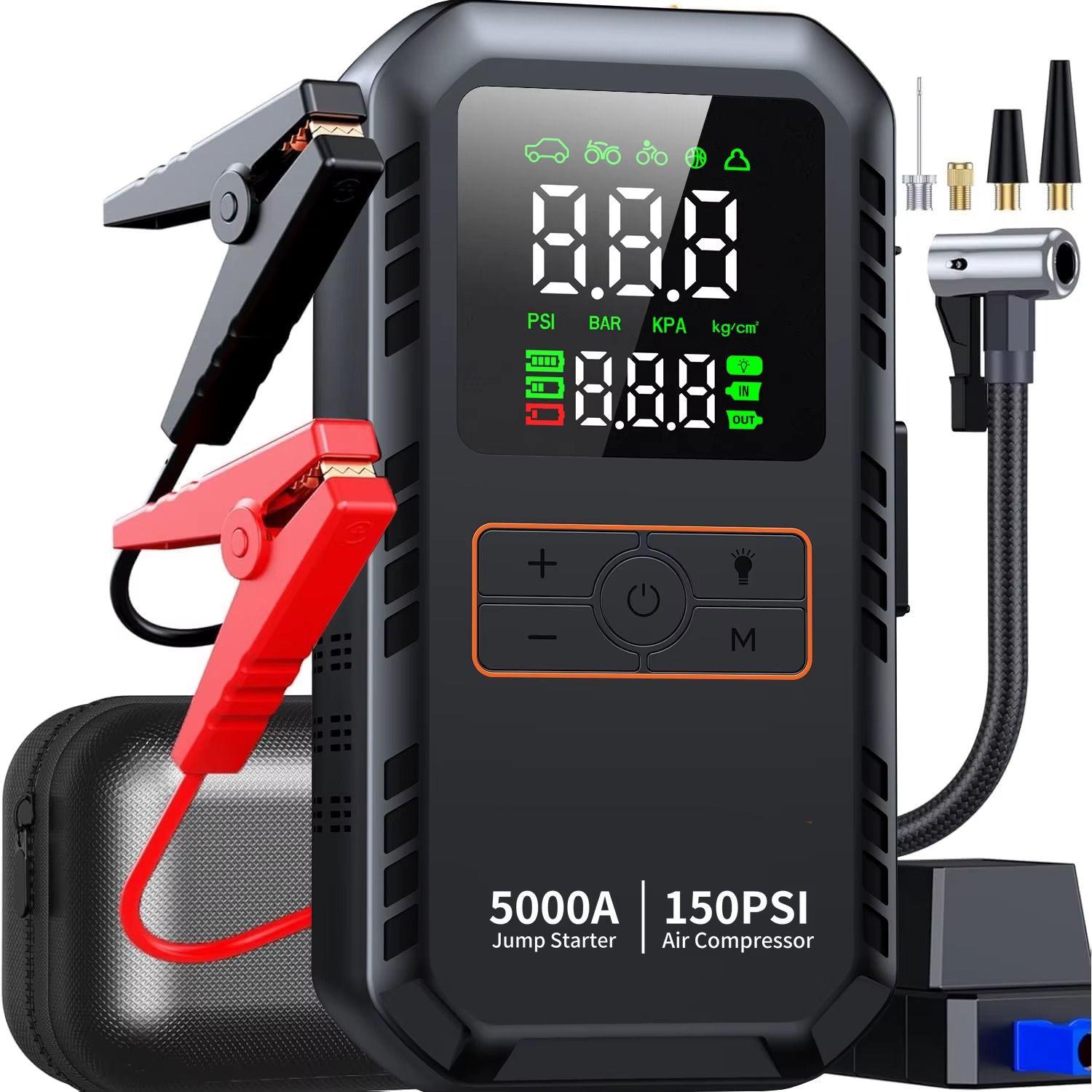 Démarreur de Secours 5000A avec Batterie et Gonfleur 150 PSI – Booster Voiture Multifonction avec Écran LCD et Lampe LED