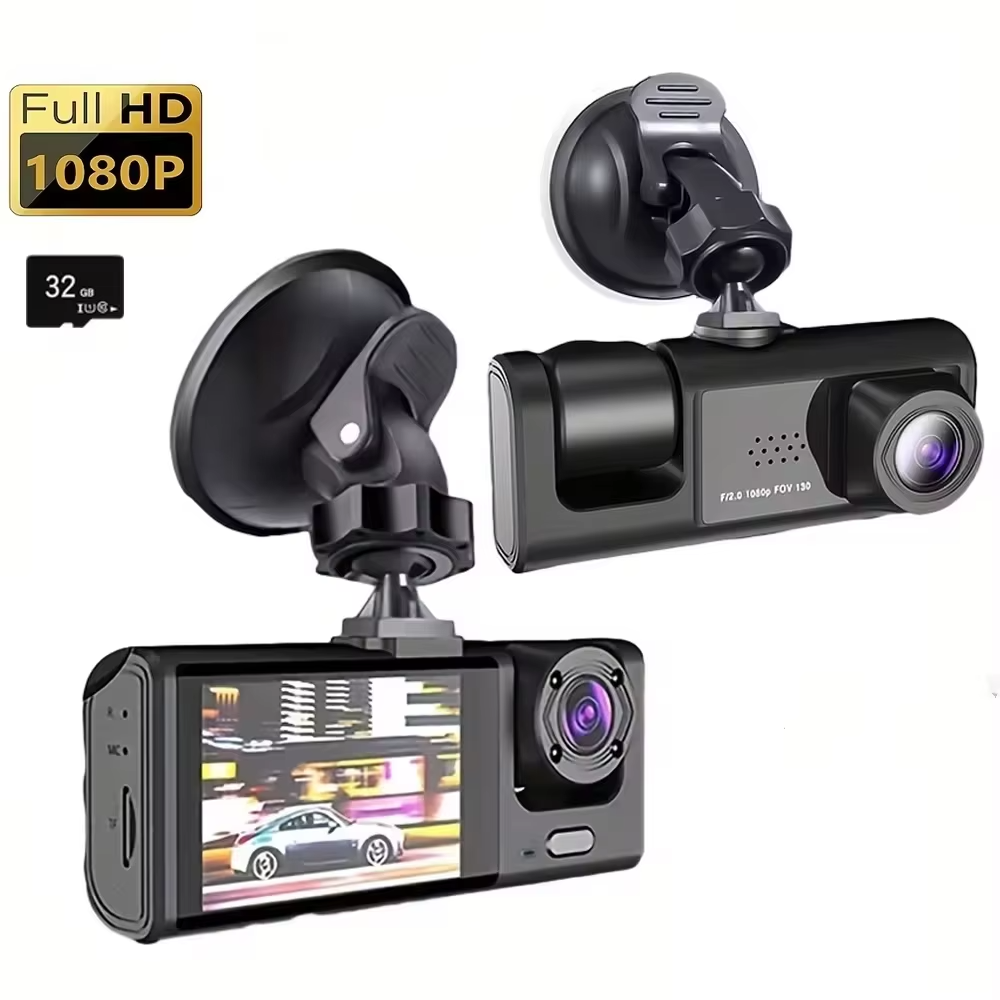 Dashcam Voiture triplecam Full HD caméra tableau de bord  – Vision Nocturne IR, Mode Parking et Enregistrement en Boucle