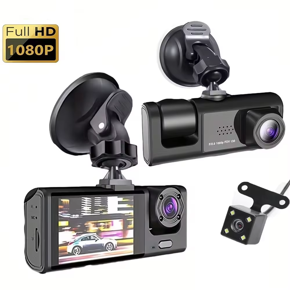 Dashcam Voiture triplecam Full HD caméra tableau de bord  – Vision Nocturne IR, Mode Parking et Enregistrement en Boucle